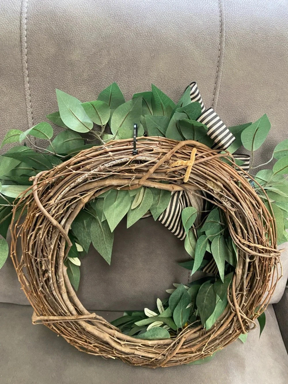 Green Willow Leaf Door Hanging Wreath with Striped Bow - Picture 5 of 5